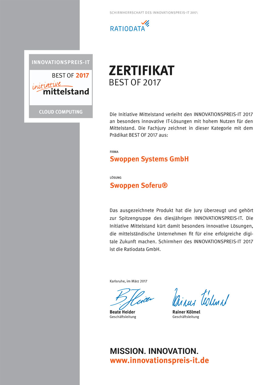 Zertifikat IT-Innovationspreis 2016 Zertifikat IT-Innovationspreis Best of 2017
