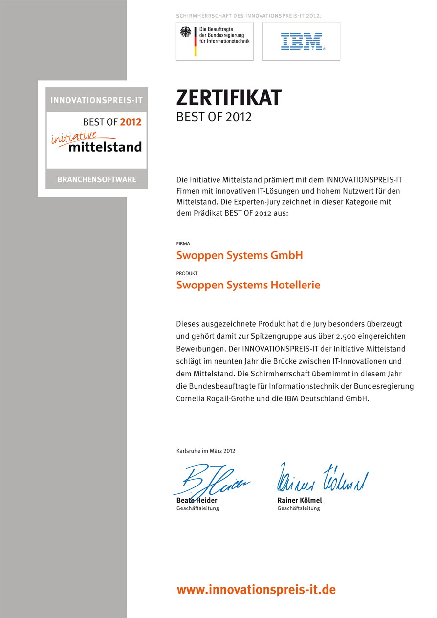 Zertifikat IT-Innovationspreis 2012 Zertifikat IT-Innovationspreis Best of 2012